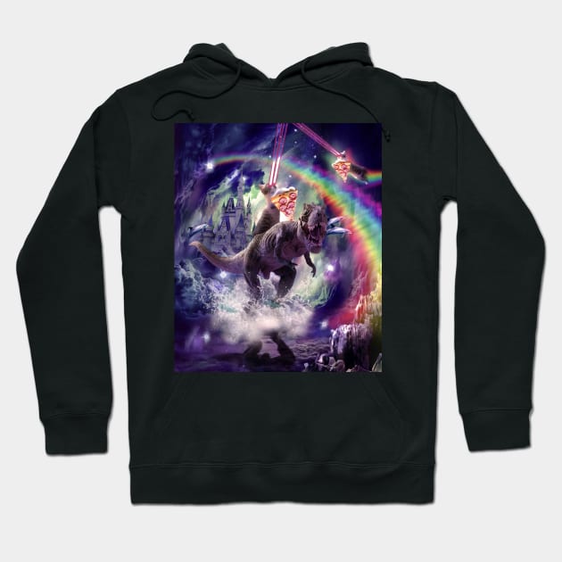 Rainbow Laser Space Cat On Dinosaur Eating Pizza Hoodie by Random Galaxy